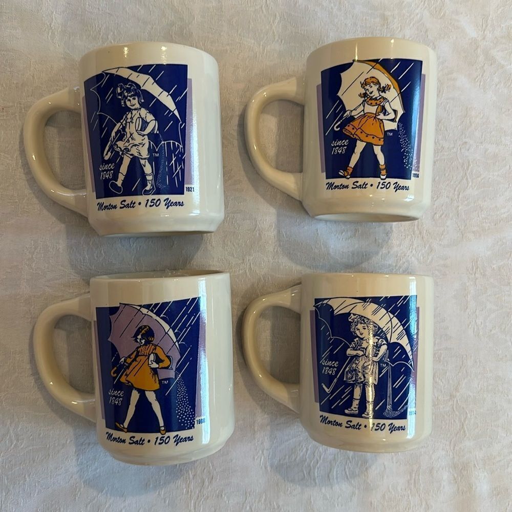 Morton Salt Girl Coffee Mugs 150 Years Commemorative Mugs Set of 4